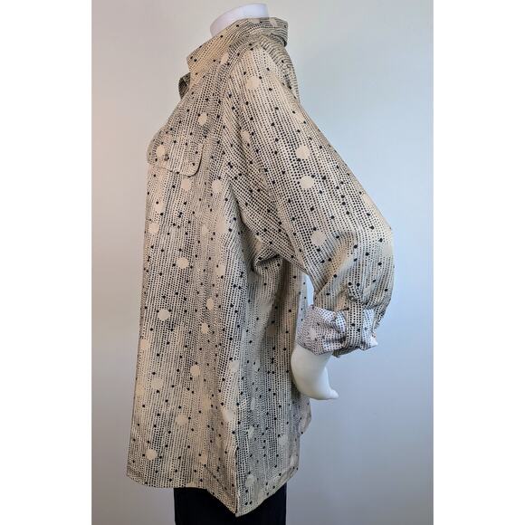 NEW NY Collection Button Blouse Roll Tab Sleeve Stretch Beige Black Dot Size 3X - Picture 4 of 10